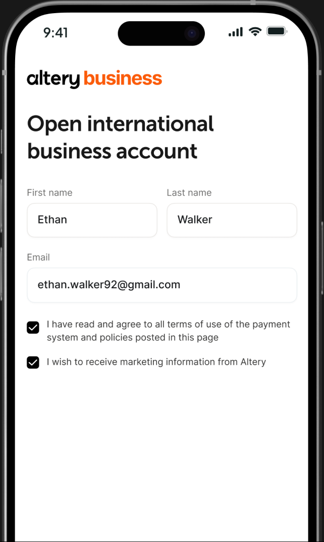 Altery business account application form